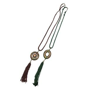Vintage Cloisonne Enamel Tassel Necklaces Dragon Floral Green Brown Set of 2